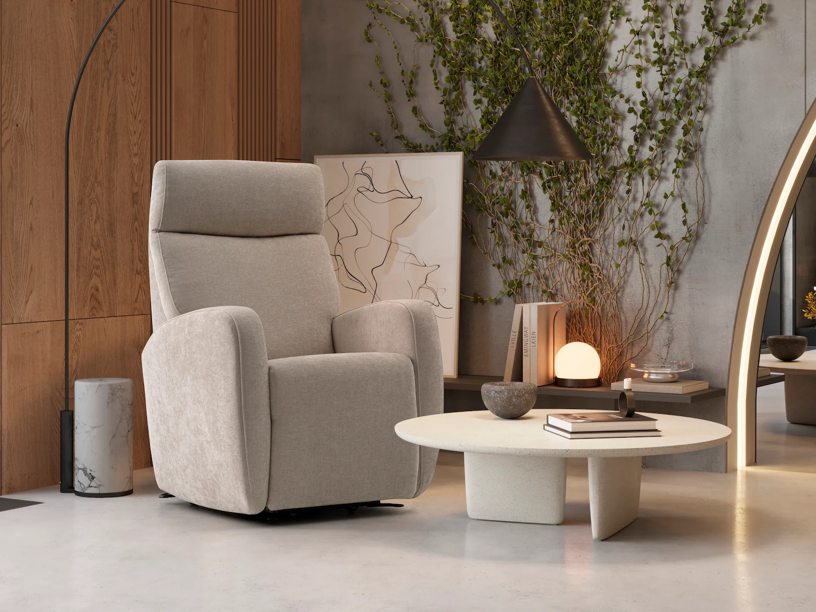 Sillón relax tapizado en tono beige en ambiente contemporáneo
